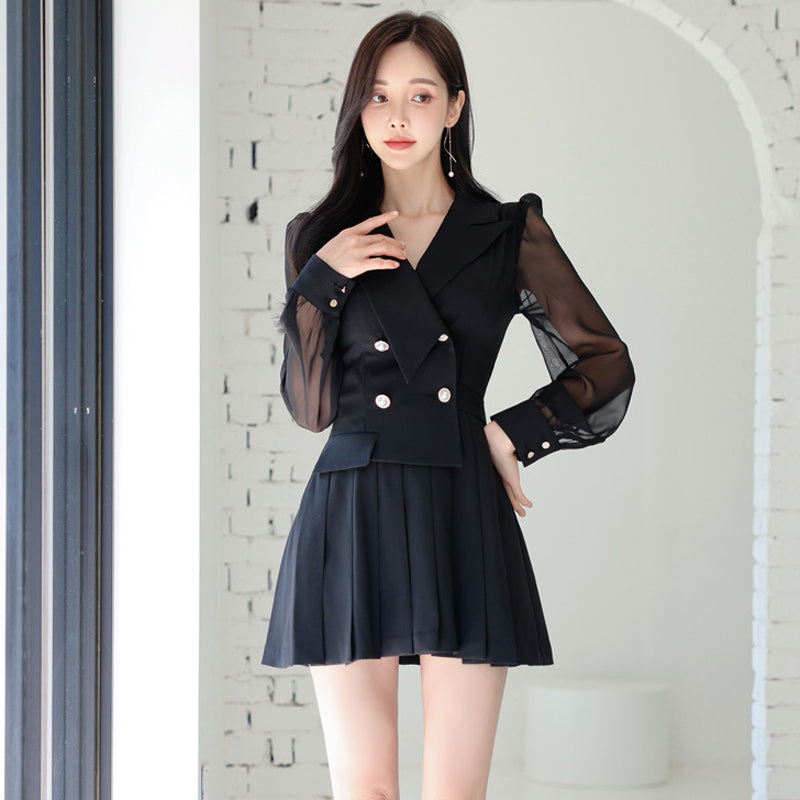 CM-DY024969 Women Elegant Seoul Style Collar Neckline Long Sleeve Pleated Dress - Black