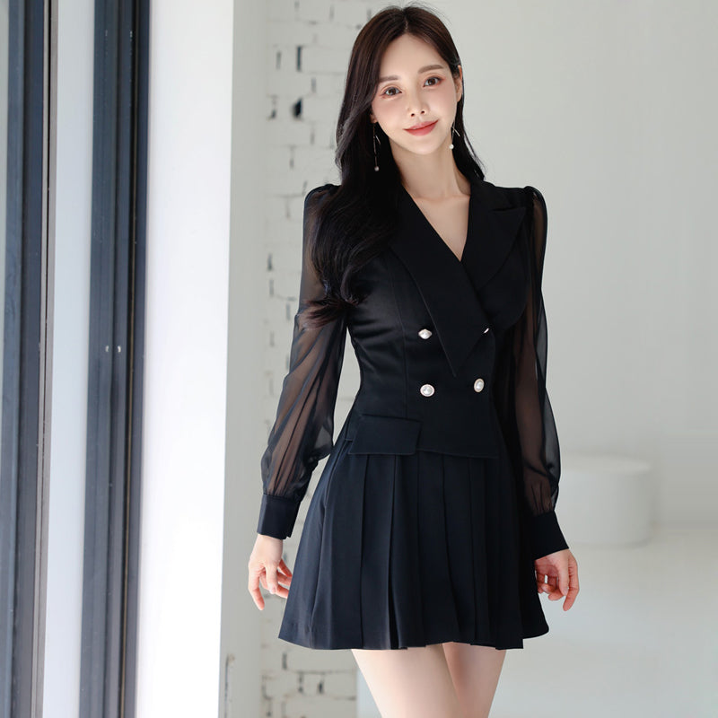 CM-DY024969 Women Elegant Seoul Style Collar Neckline Long Sleeve Pleated Dress - Black