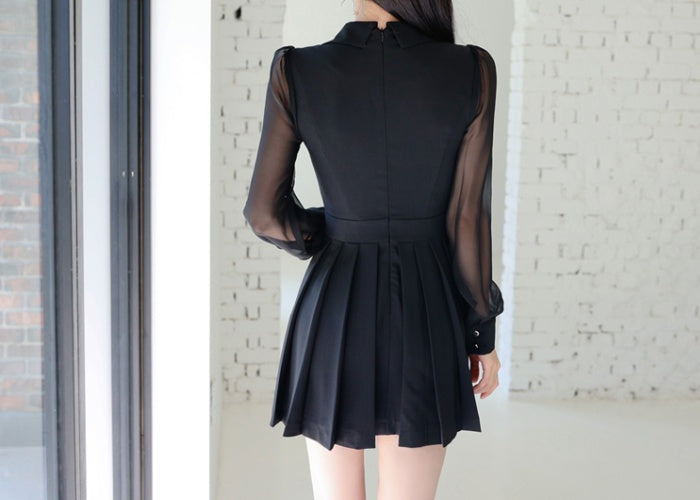 CM-DY024969 Women Elegant Seoul Style Collar Neckline Long Sleeve Pleated Dress - Black