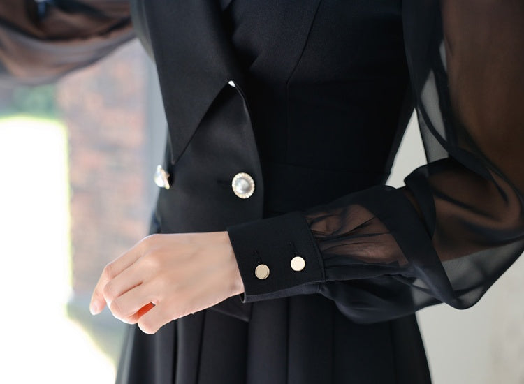 CM-DY024969 Women Elegant Seoul Style Collar Neckline Long Sleeve Pleated Dress - Black