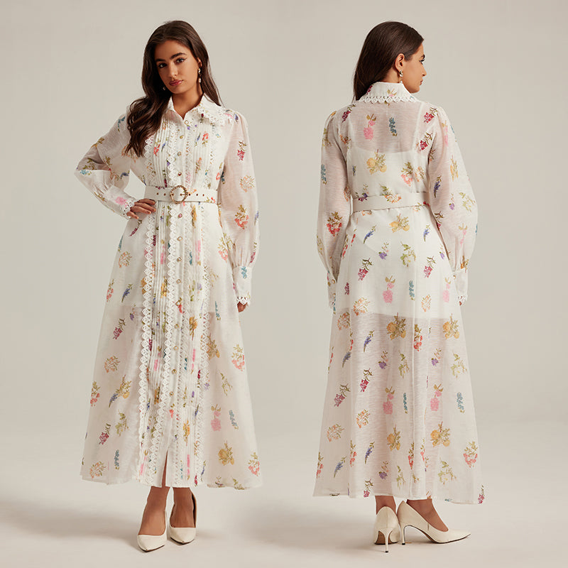 CM-DY024971 Women Elegant European Style Printing Stand Collar Long Sleeve Belted Dress