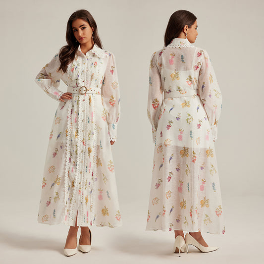 CM-DY024971 Women Elegant European Style Printing Stand Collar Long Sleeve Belted Dress