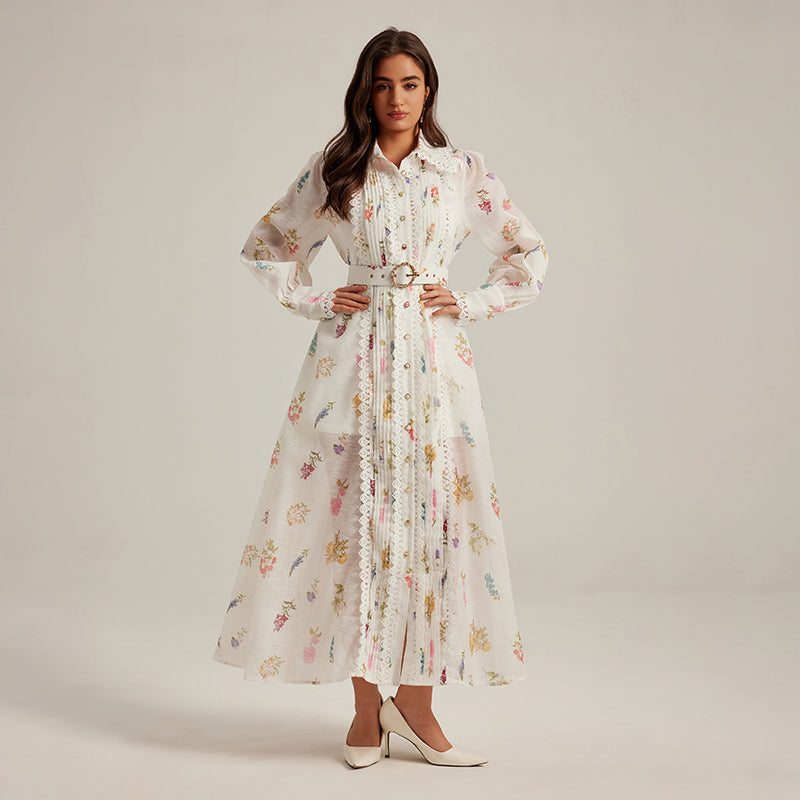 CM-DY024971 Women Elegant European Style Printing Stand Collar Long Sleeve Belted Dress