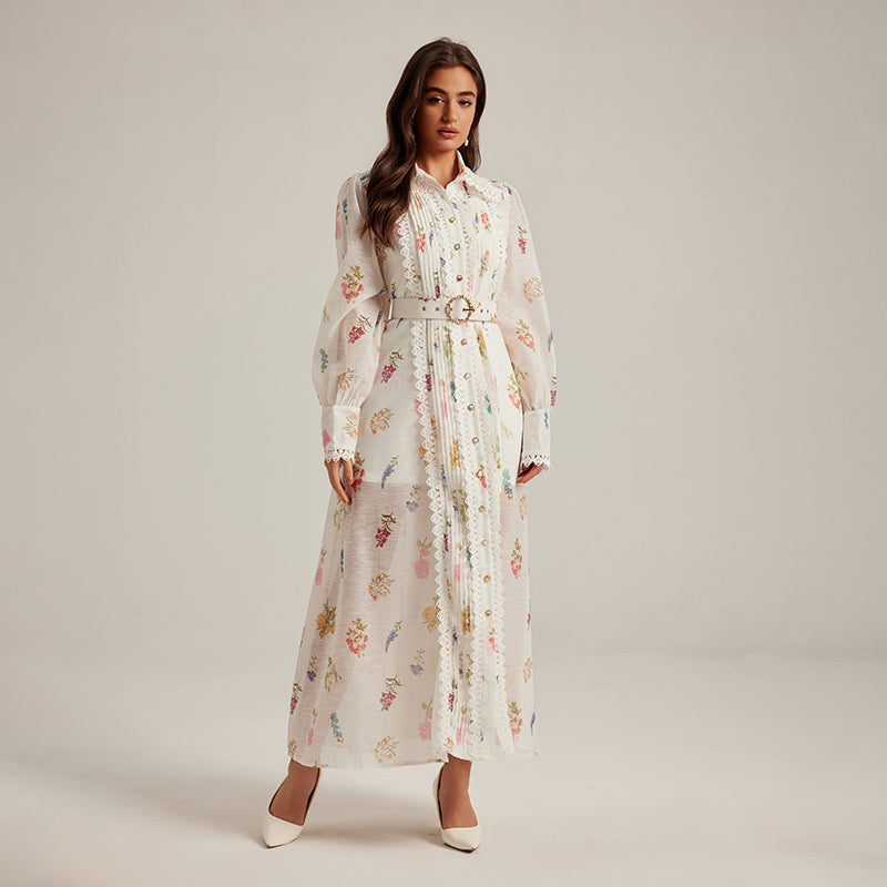 CM-DY024971 Women Elegant European Style Printing Stand Collar Long Sleeve Belted Dress
