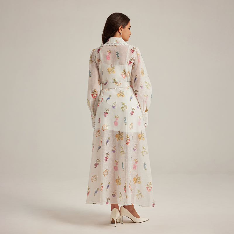 CM-DY024971 Women Elegant European Style Printing Stand Collar Long Sleeve Belted Dress