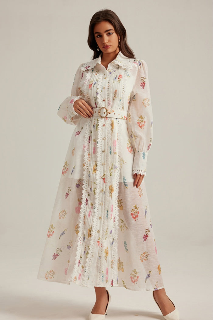 CM-DY024971 Women Elegant European Style Printing Stand Collar Long Sleeve Belted Dress