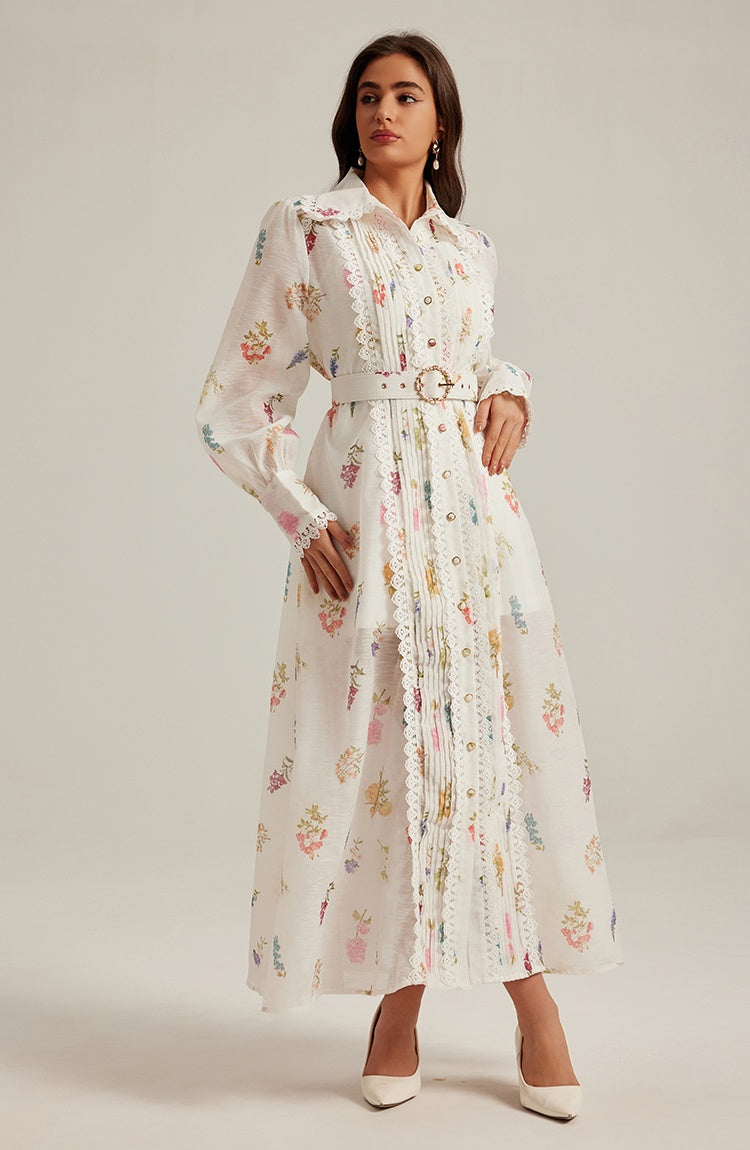 CM-DY024971 Women Elegant European Style Printing Stand Collar Long Sleeve Belted Dress