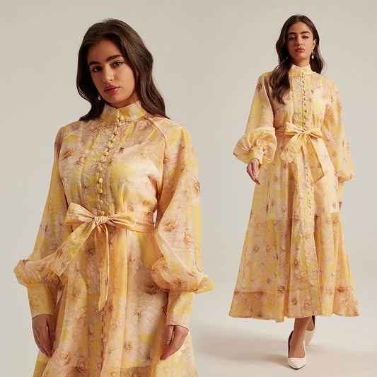 CM-DY024974 Women Elegant European Style Floral Stand Collar Long Sleeve Maxi Dress