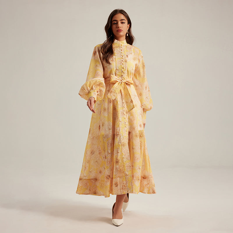 CM-DY024974 Women Elegant European Style Floral Stand Collar Long Sleeve Maxi Dress
