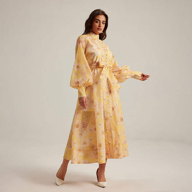 CM-DY024974 Women Elegant European Style Floral Stand Collar Long Sleeve Maxi Dress