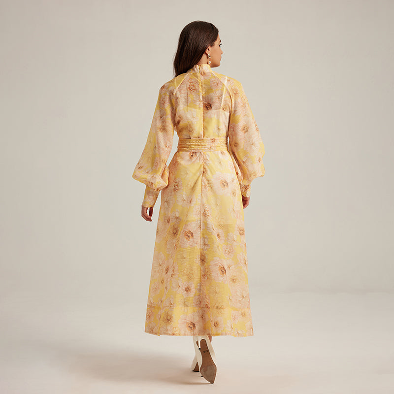 CM-DY024974 Women Elegant European Style Floral Stand Collar Long Sleeve Maxi Dress