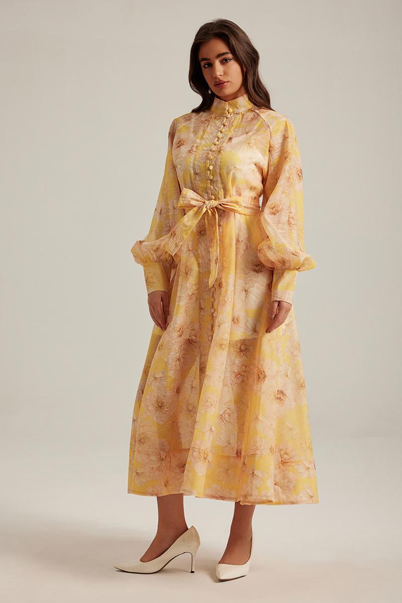 CM-DY024974 Women Elegant European Style Floral Stand Collar Long Sleeve Maxi Dress