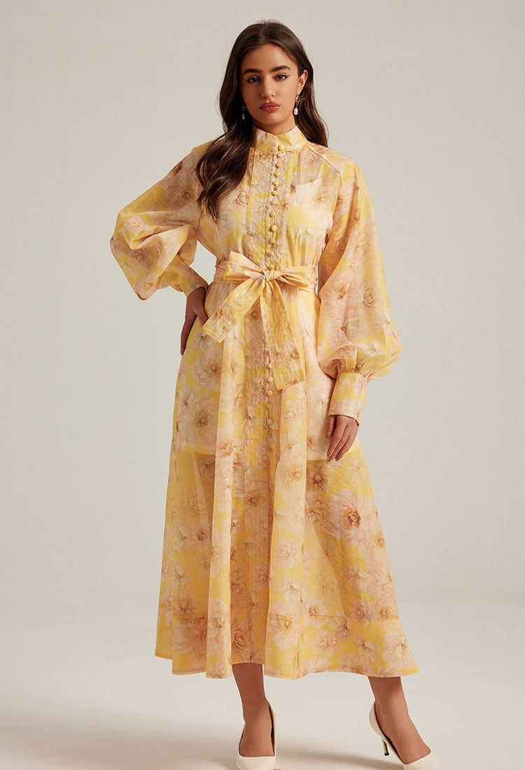 CM-DY024974 Women Elegant European Style Floral Stand Collar Long Sleeve Maxi Dress