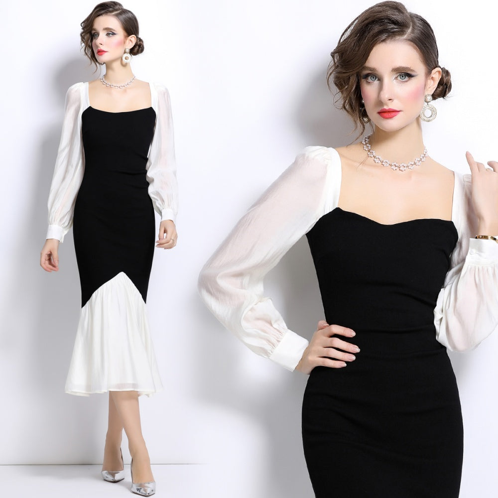CM-DY024981 Women Elegant European Style Square Neck Long Sleeve Midi Dress - Black