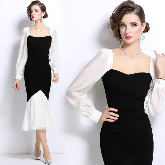 CM-DY024981 Women Elegant European Style Square Neck Long Sleeve Midi Dress - Black