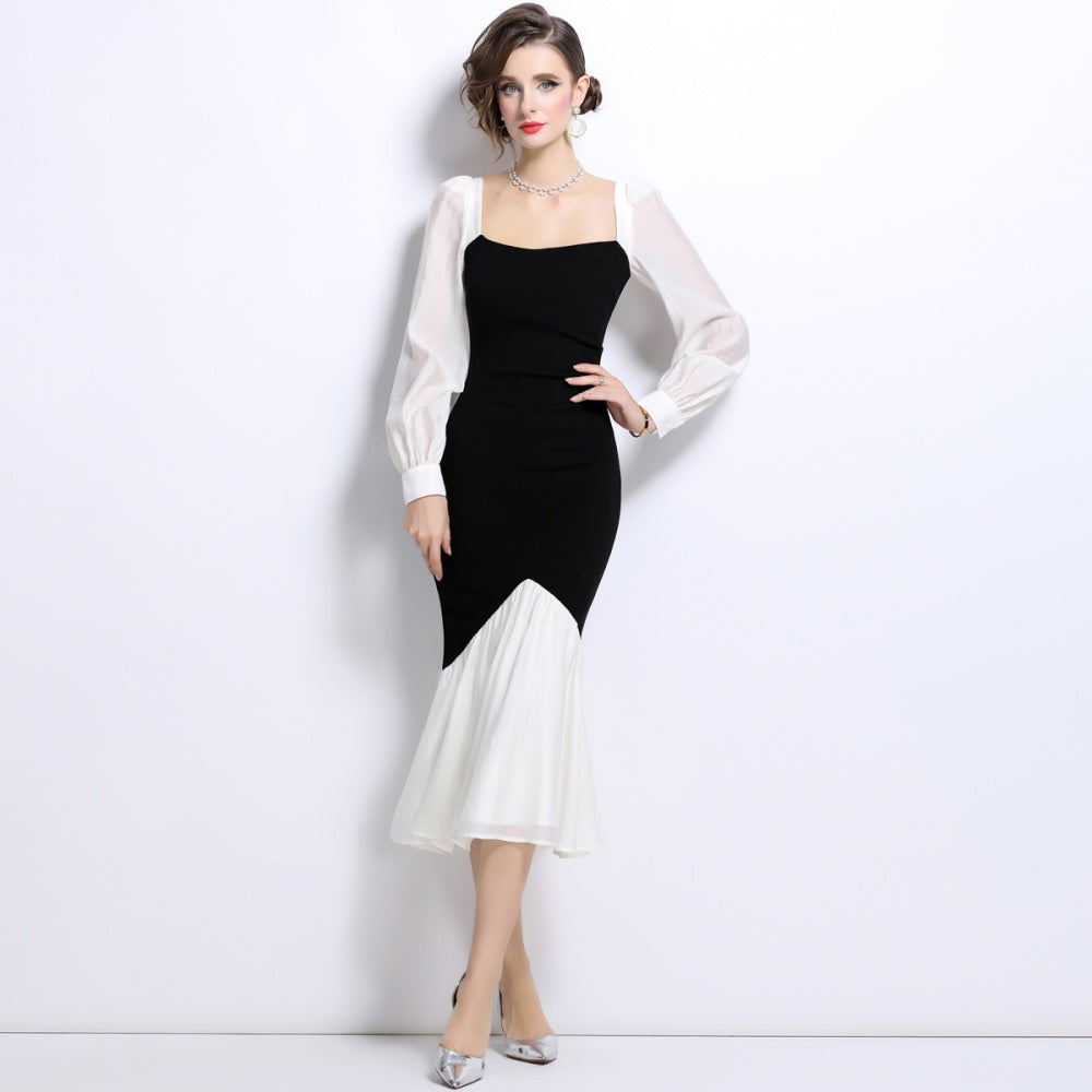 CM-DY024981 Women Elegant European Style Square Neck Long Sleeve Midi Dress - Black