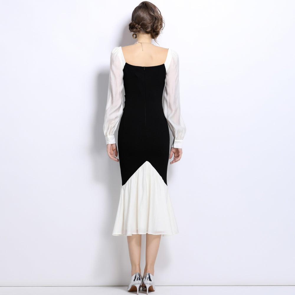 CM-DY024981 Women Elegant European Style Square Neck Long Sleeve Midi Dress - Black