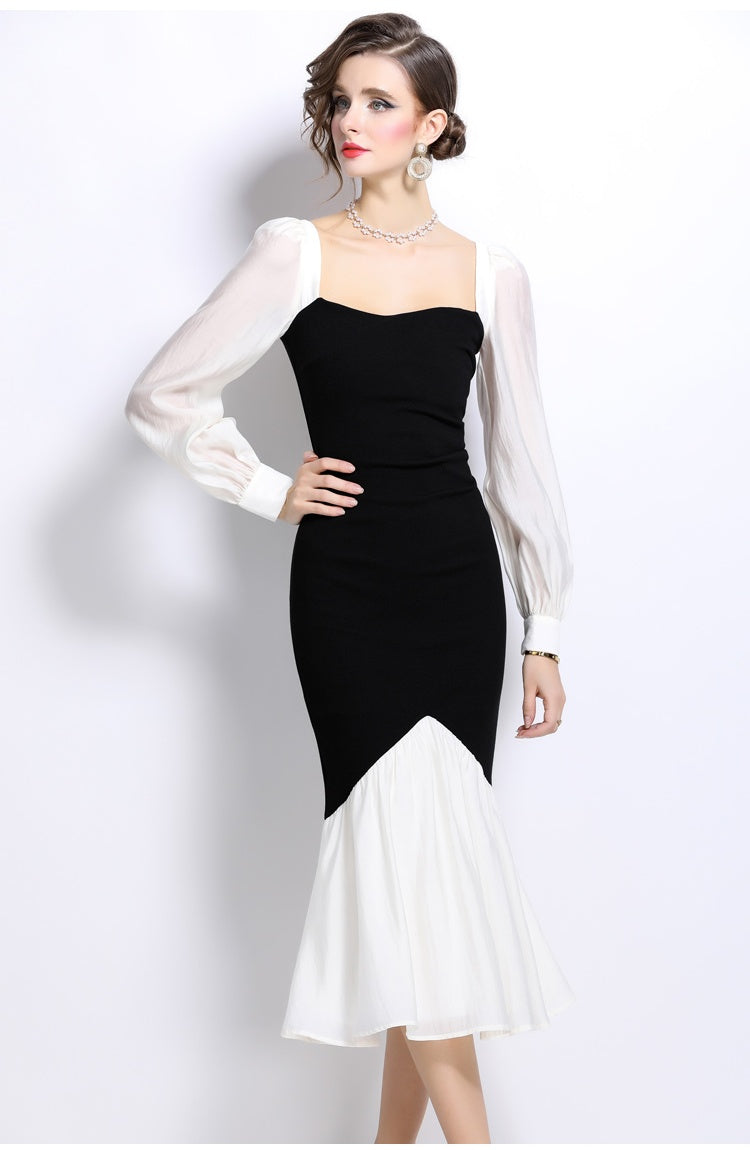 CM-DY024981 Women Elegant European Style Square Neck Long Sleeve Midi Dress - Black