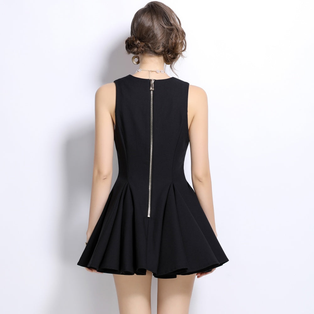 CM-DY024986 Women Elegant European Style V-Neck Double-Breasted Sleeveless Mini Dress - Black