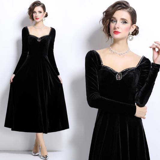 CM-DY024989 Women Elegant European Style Square Collar Drape Long A-Line Dress - Black