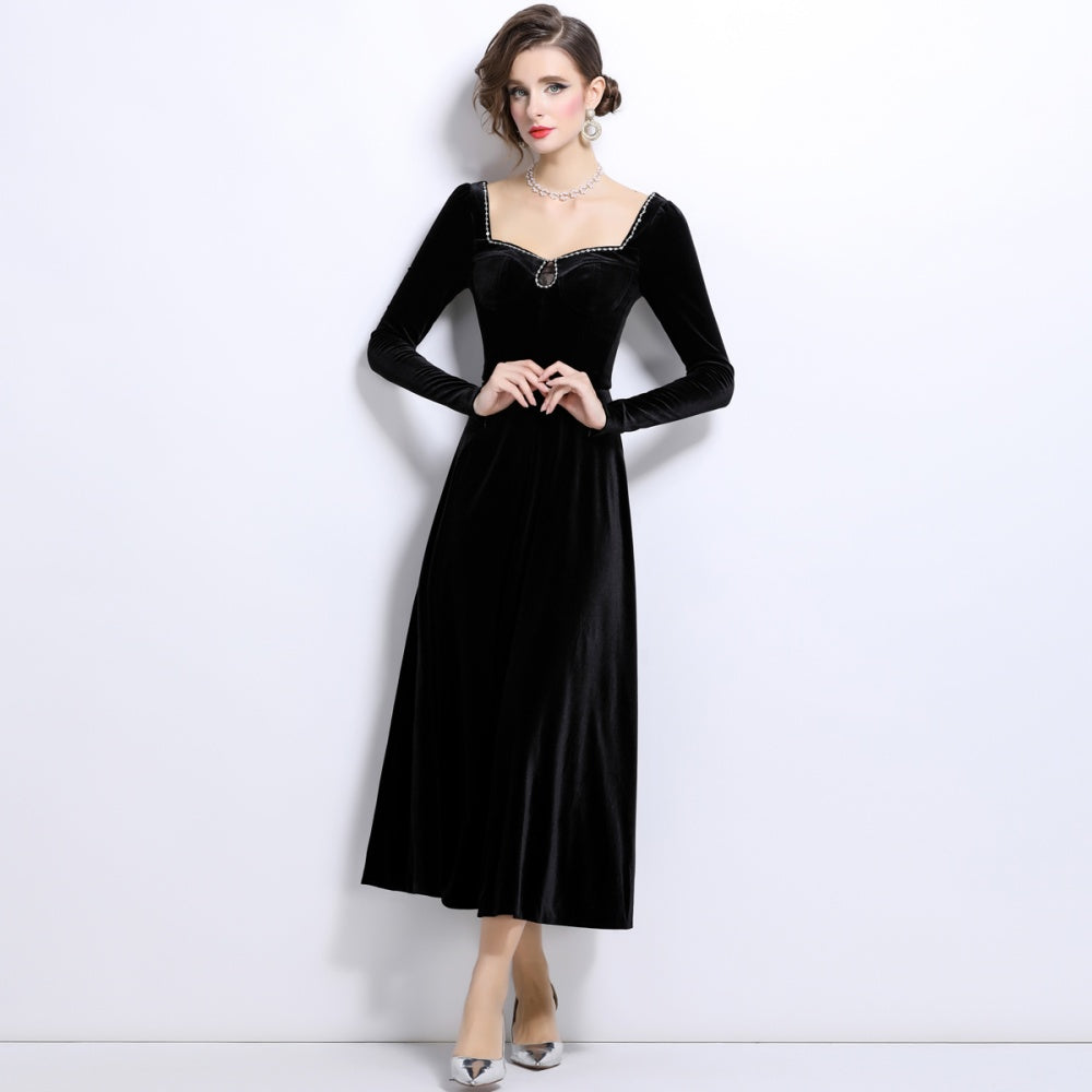 CM-DY024989 Women Elegant European Style Square Collar Drape Long A-Line Dress - Black