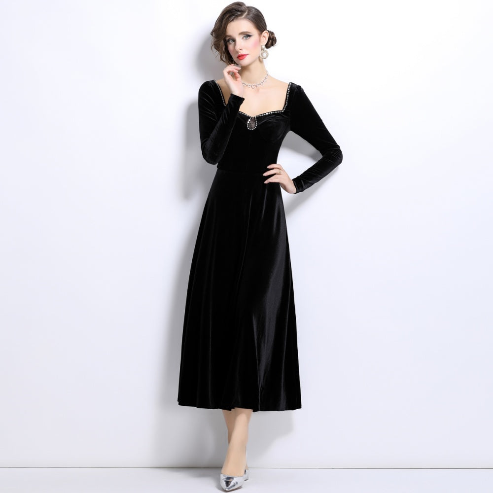 CM-DY024989 Women Elegant European Style Square Collar Drape Long A-Line Dress - Black