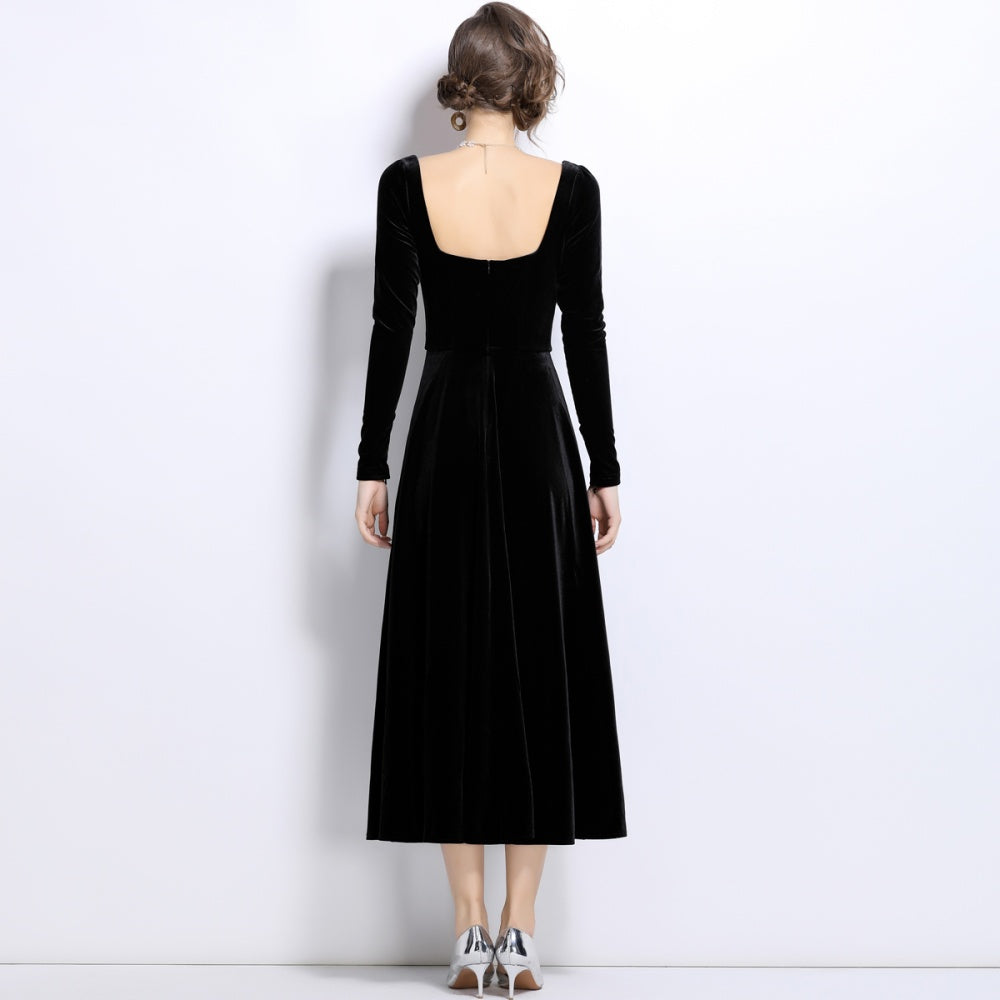 CM-DY024989 Women Elegant European Style Square Collar Drape Long A-Line Dress - Black