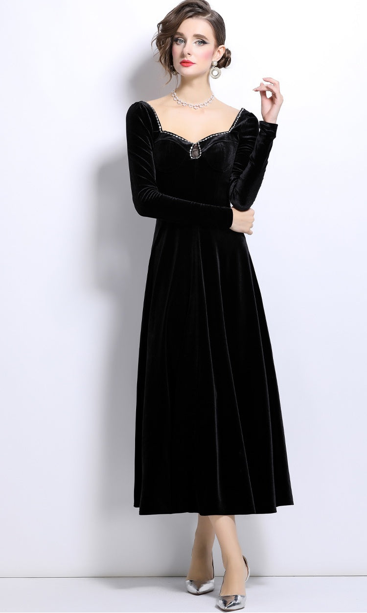 CM-DY024989 Women Elegant European Style Square Collar Drape Long A-Line Dress - Black