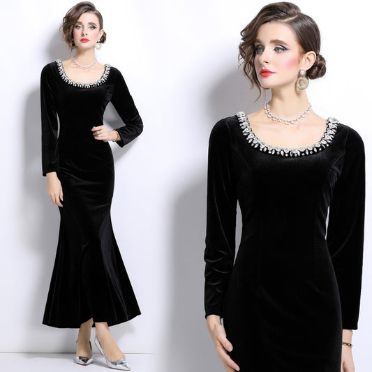CM-DY024990 Women Elegant European Syle Rund Neck Long Sleeve Slim Mermaid Dress - Black
