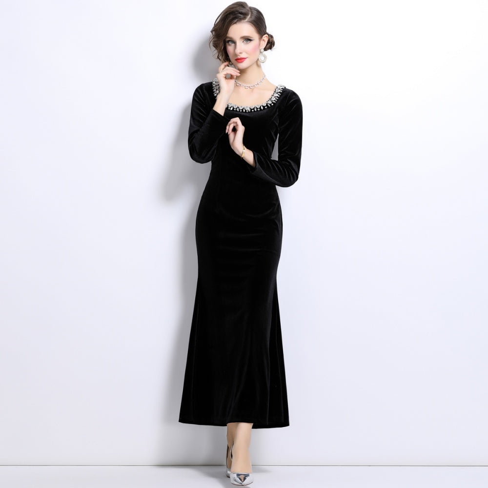 CM-DY024990 Women Elegant European Syle Rund Neck Long Sleeve Slim Mermaid Dress - Black