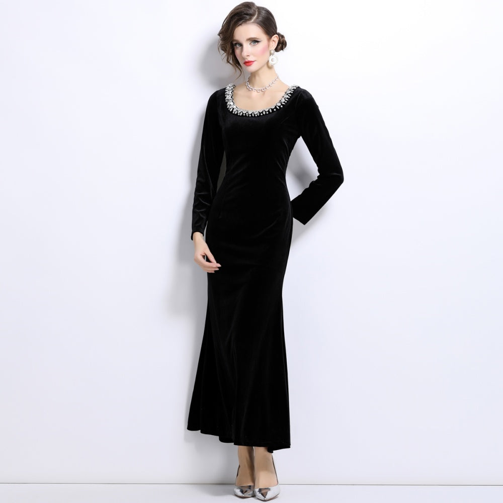 CM-DY024990 Women Elegant European Syle Rund Neck Long Sleeve Slim Mermaid Dress - Black