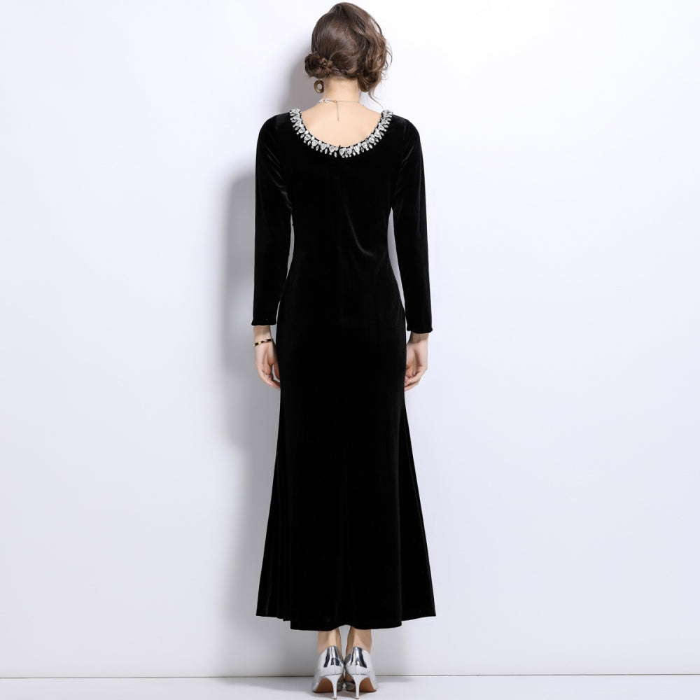 CM-DY024990 Women Elegant European Syle Rund Neck Long Sleeve Slim Mermaid Dress - Black