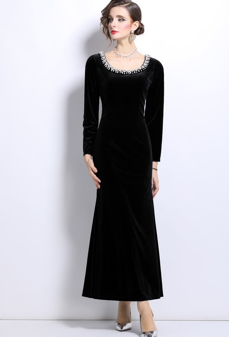 CM-DY024990 Women Elegant European Syle Rund Neck Long Sleeve Slim Mermaid Dress - Black