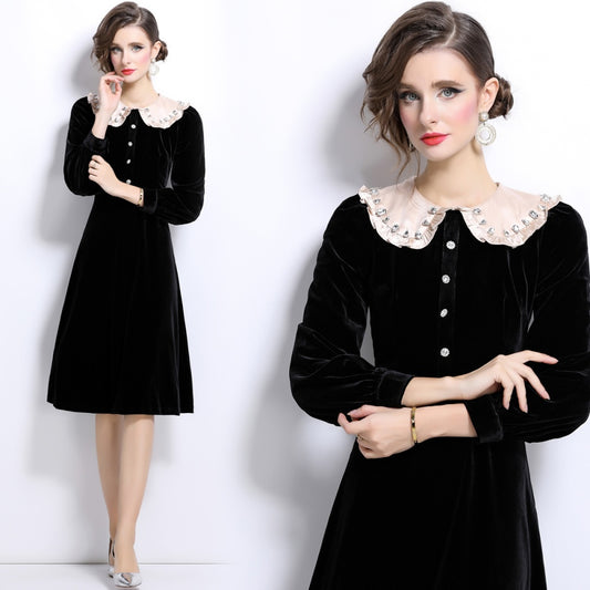 CM-DY024991 Women Elegant European Style Lapel Neckline Long Velvet Dress - Black