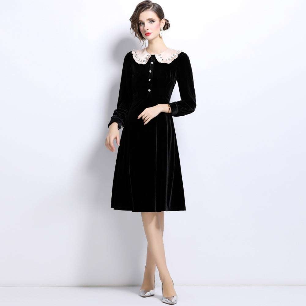 CM-DY024991 Women Elegant European Style Lapel Neckline Long Velvet Dress - Black