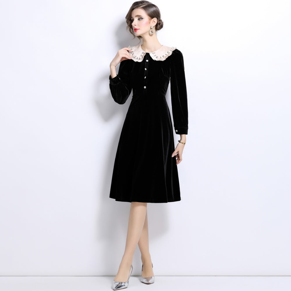 CM-DY024991 Women Elegant European Style Lapel Neckline Long Velvet Dress - Black