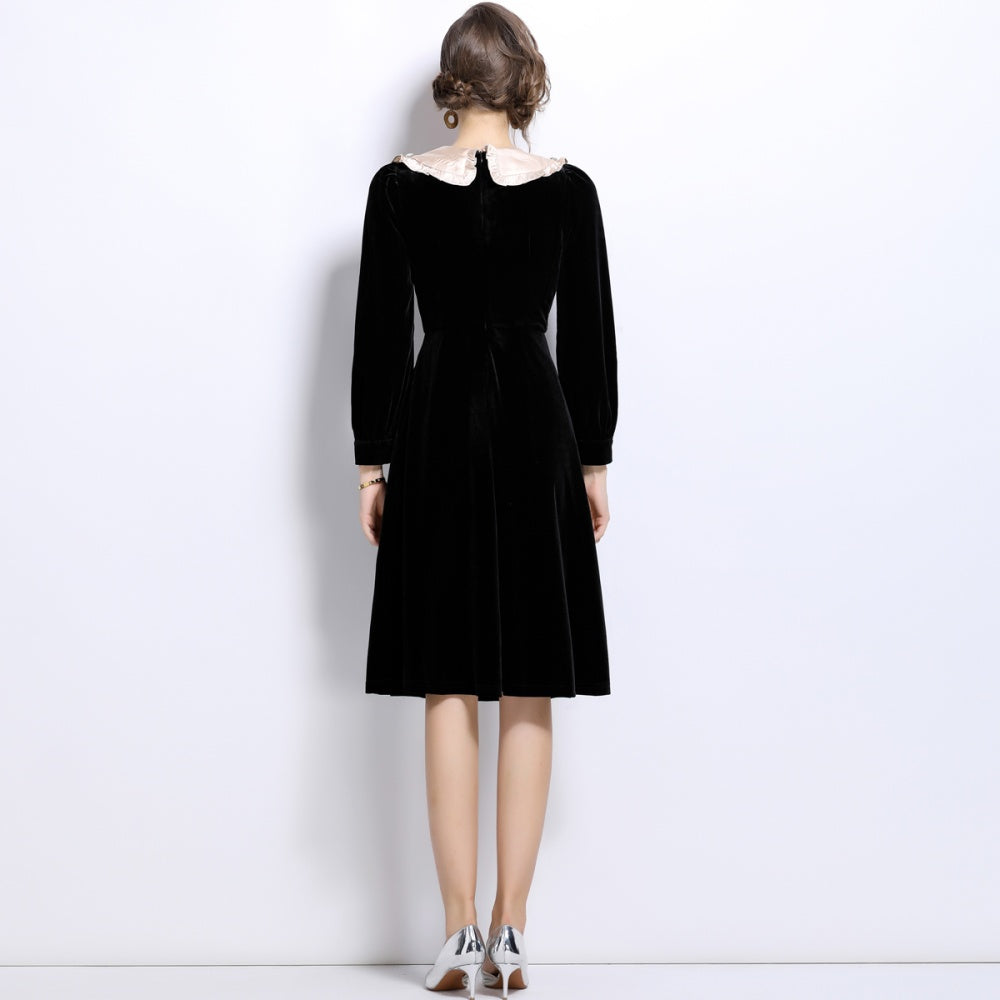 CM-DY024991 Women Elegant European Style Lapel Neckline Long Velvet Dress - Black