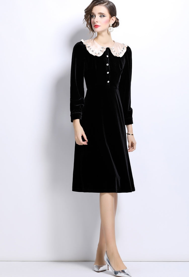CM-DY024991 Women Elegant European Style Lapel Neckline Long Velvet Dress - Black