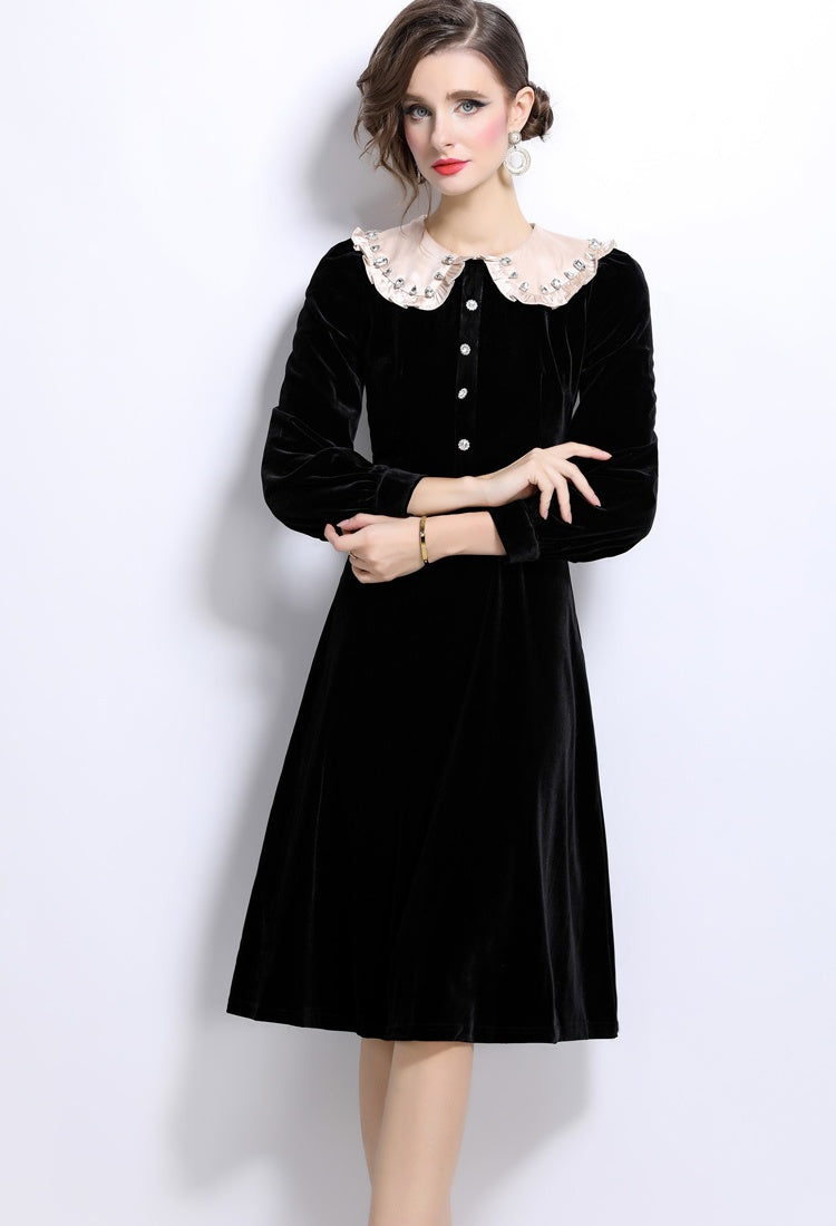 CM-DY024991 Women Elegant European Style Lapel Neckline Long Velvet Dress - Black
