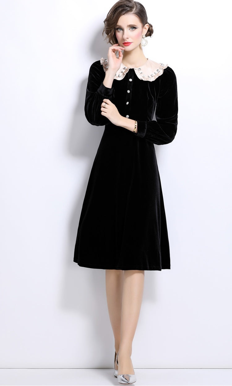 CM-DY024991 Women Elegant European Style Lapel Neckline Long Velvet Dress - Black
