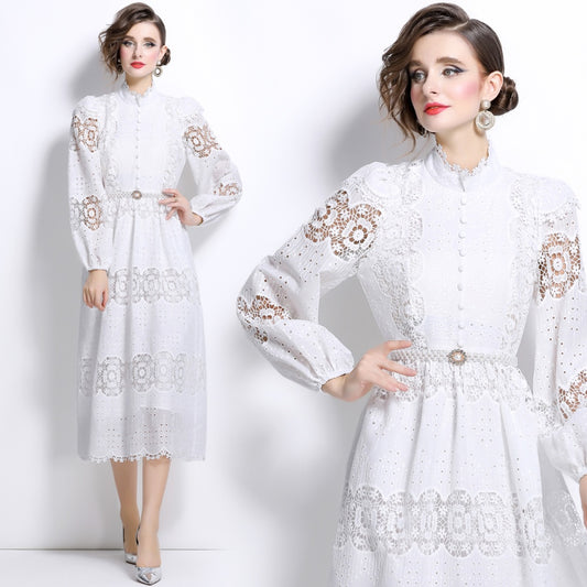 CM-DY025051 Women Elegant European Style Hollow Lace Pearl Belted Puff Sleeve Long Dress - White