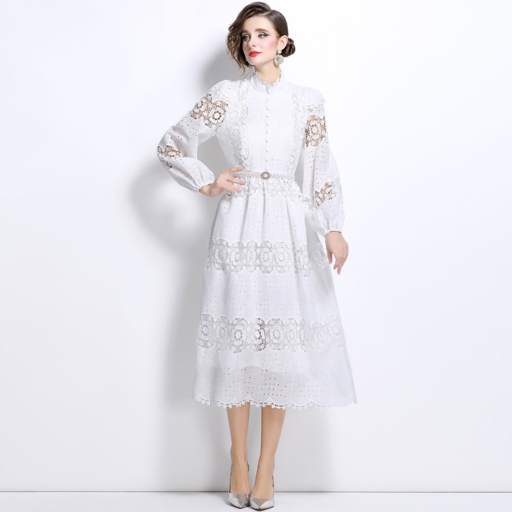 CM-DY025051 Women Elegant European Style Hollow Lace Pearl Belted Puff Sleeve Long Dress - White