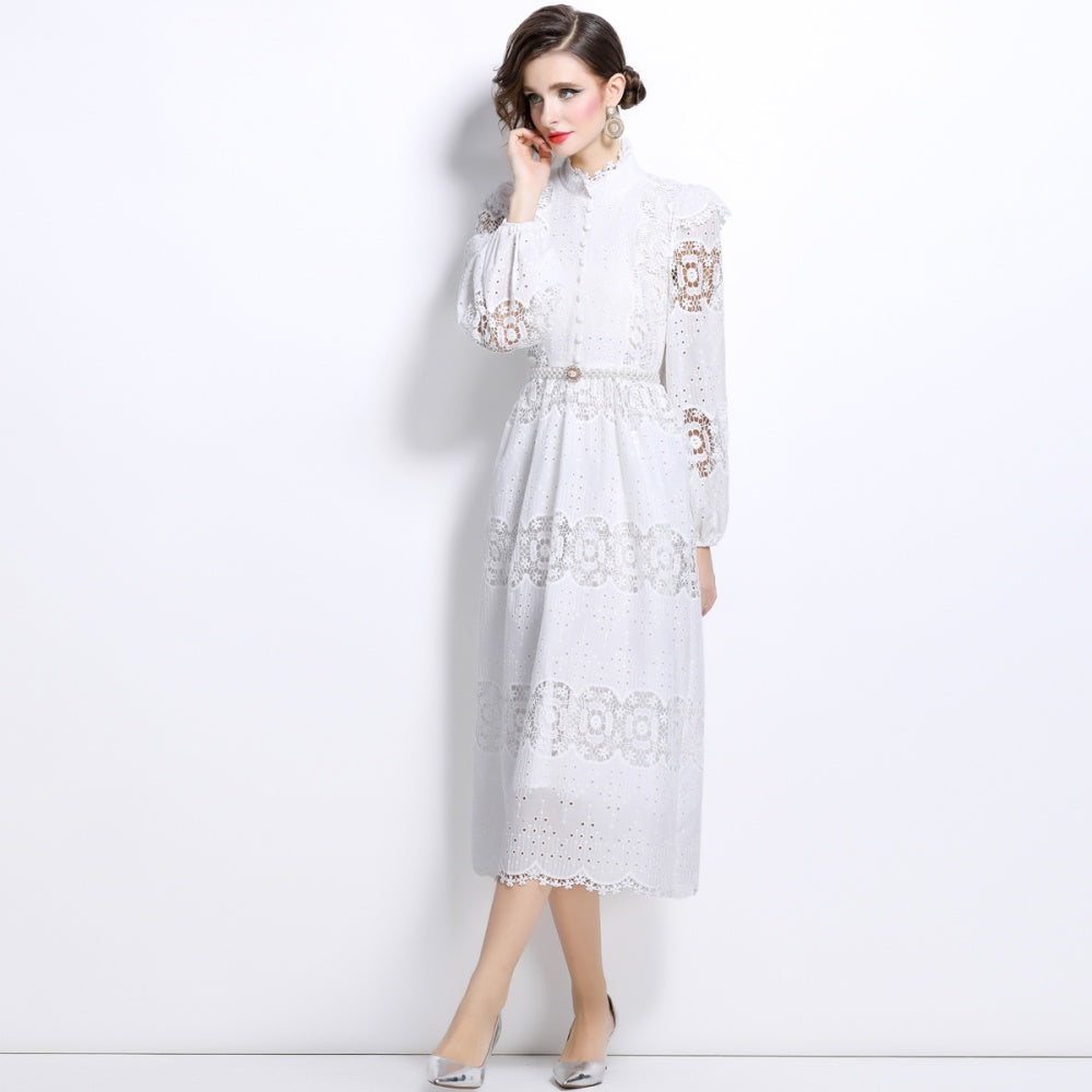 CM-DY025051 Women Elegant European Style Hollow Lace Pearl Belted Puff Sleeve Long Dress - White