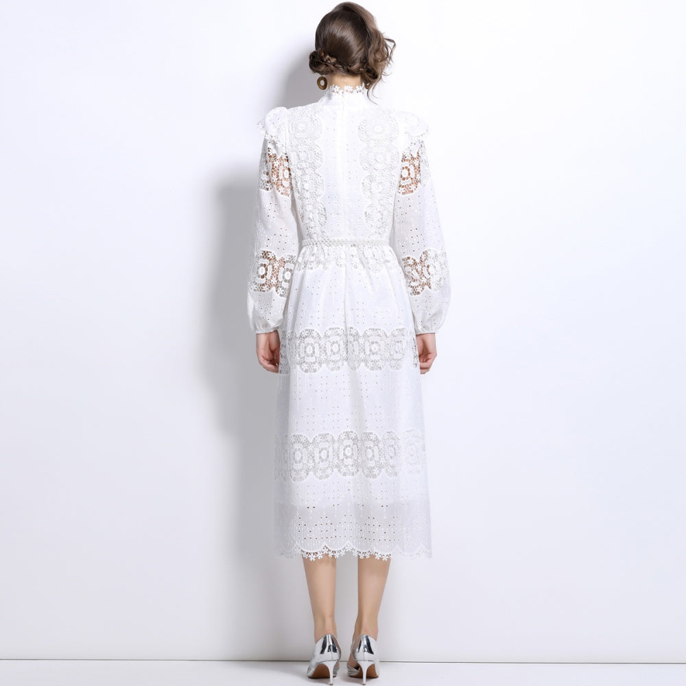 CM-DY025051 Women Elegant European Style Hollow Lace Pearl Belted Puff Sleeve Long Dress - White