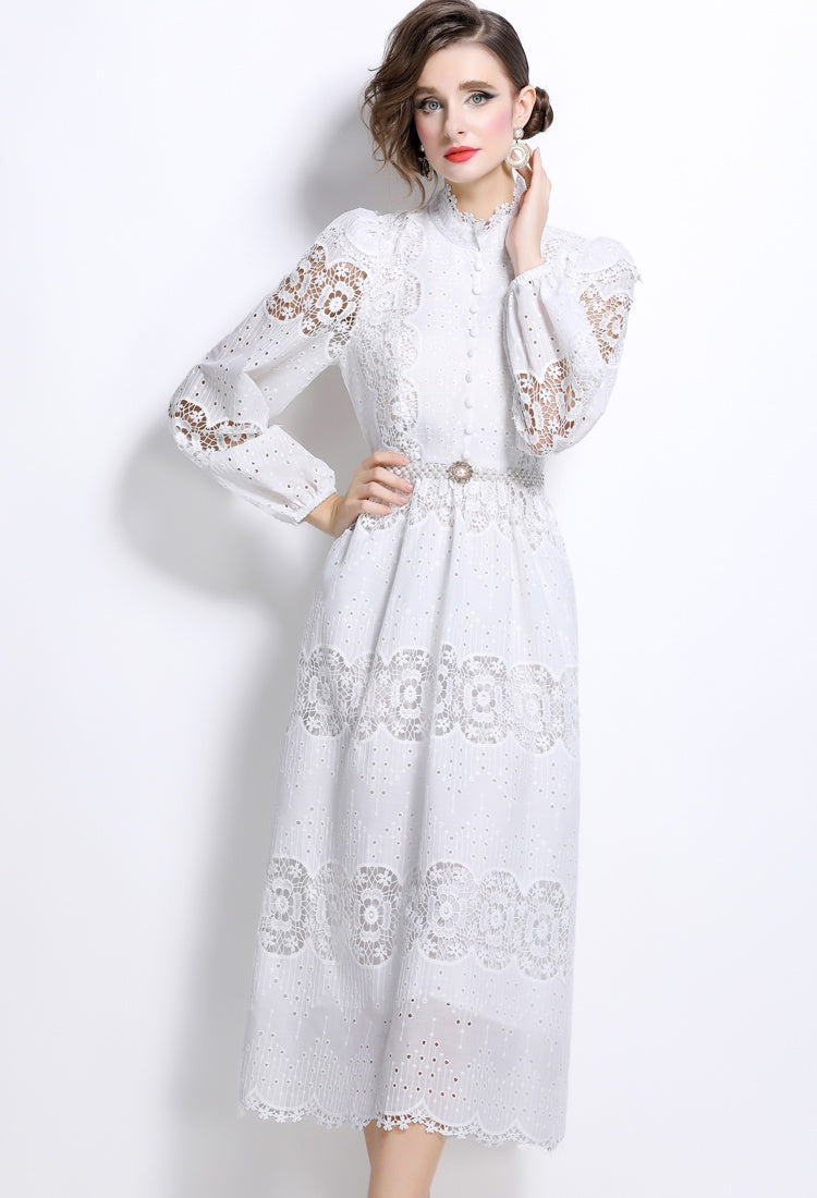 CM-DY025051 Women Elegant European Style Hollow Lace Pearl Belted Puff Sleeve Long Dress - White