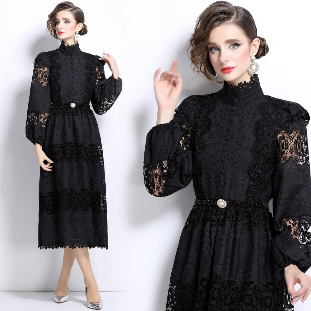 CM-DY025052 Women Elegangt European Style Stand Collar Lace Pearl Decor Long Sleeve Dress - Black