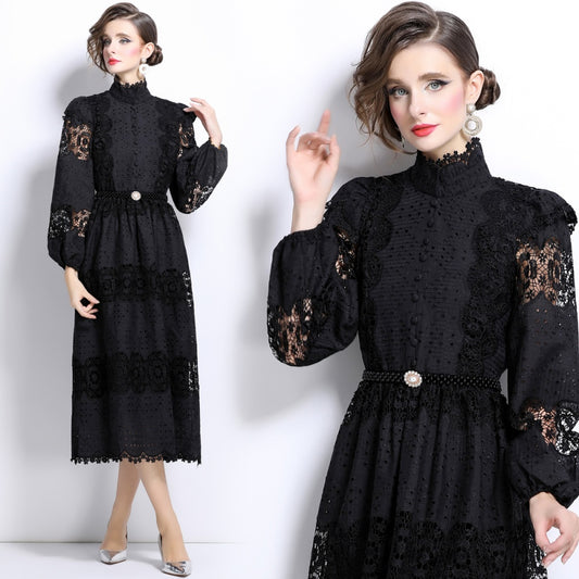 CM-DY025052 Women Elegangt European Style Stand Collar Lace Pearl Decor Long Sleeve Dress - Black