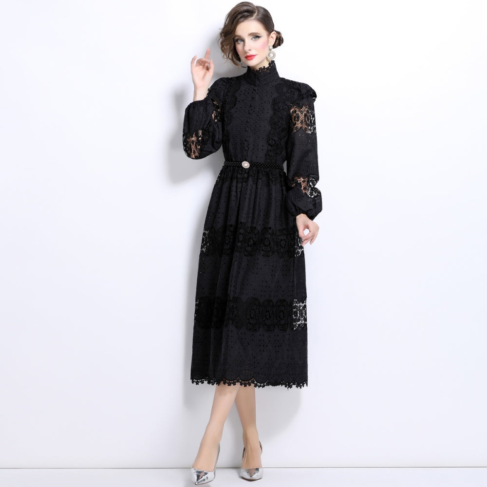 CM-DY025052 Women Elegangt European Style Stand Collar Lace Pearl Decor Long Sleeve Dress - Black