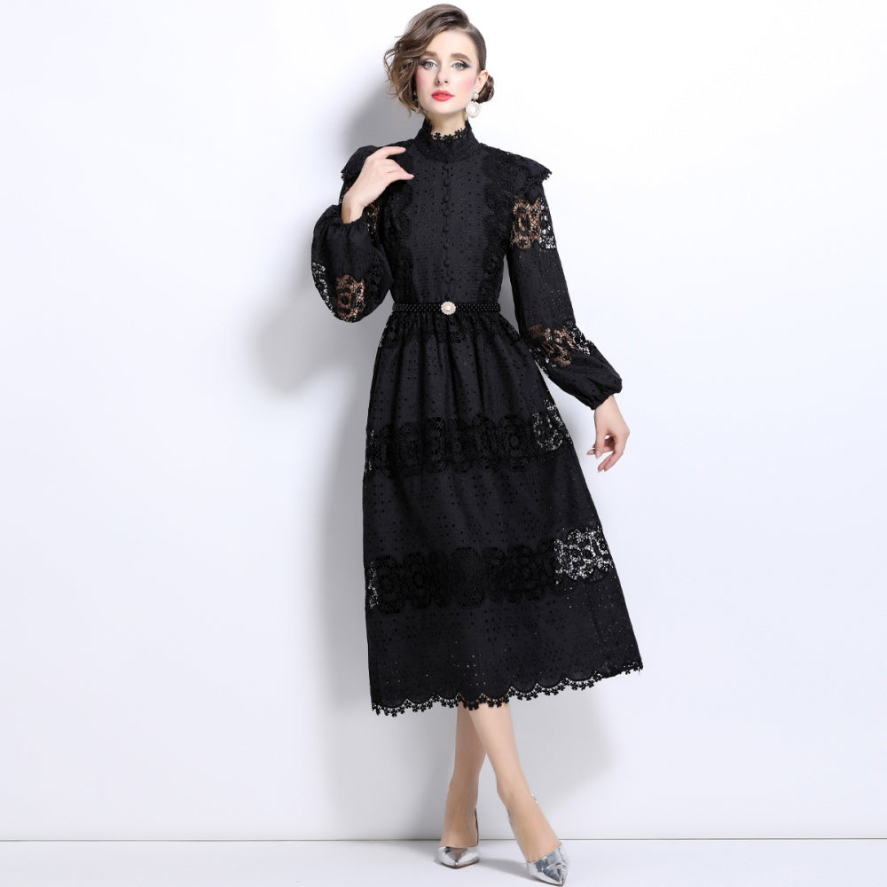 CM-DY025052 Women Elegangt European Style Stand Collar Lace Pearl Decor Long Sleeve Dress - Black