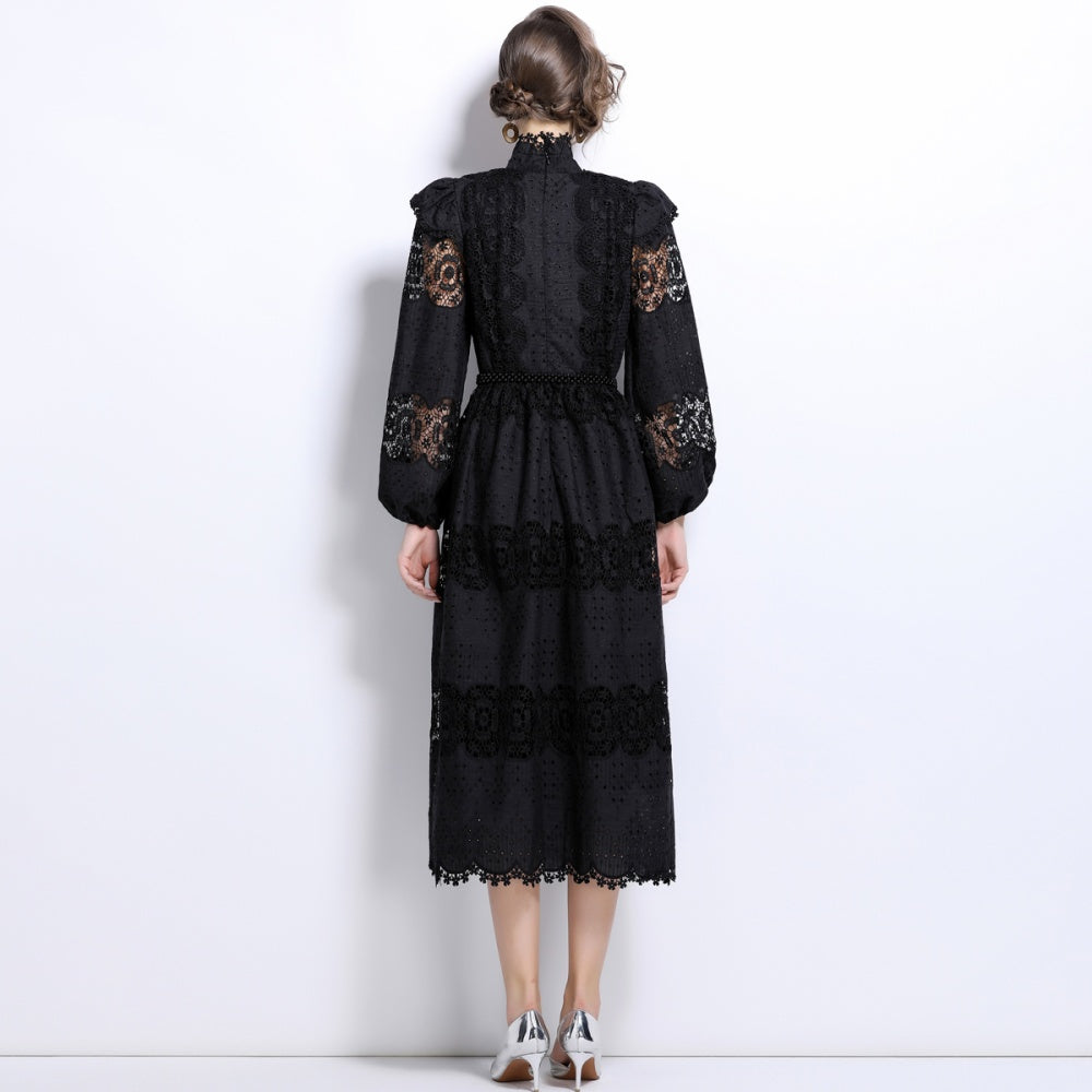CM-DY025052 Women Elegangt European Style Stand Collar Lace Pearl Decor Long Sleeve Dress - Black